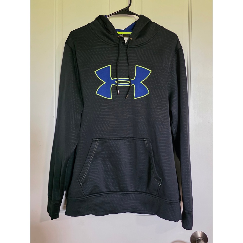Under Armour Storm Hoodie Mens Large Black Blue Neon Green Logo Sweatshirt LG